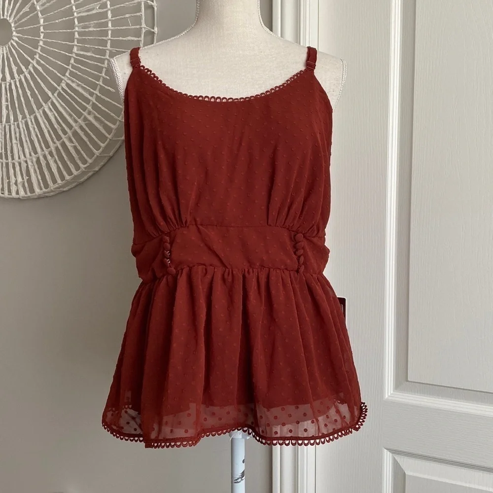 Torrid - Peplum Clip Dot Shirred Bust Lace Trim Top in Brick Red​​​​​​​​​ - Picture 2 of 12